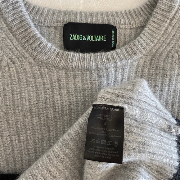 zadig & voltaire gray crew neck distressed hem cashmere sweater - Picture 7 of 8